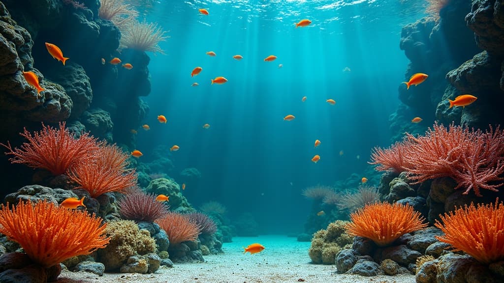 A stunning custom reef aquarium with deep teal water and bright amber coral