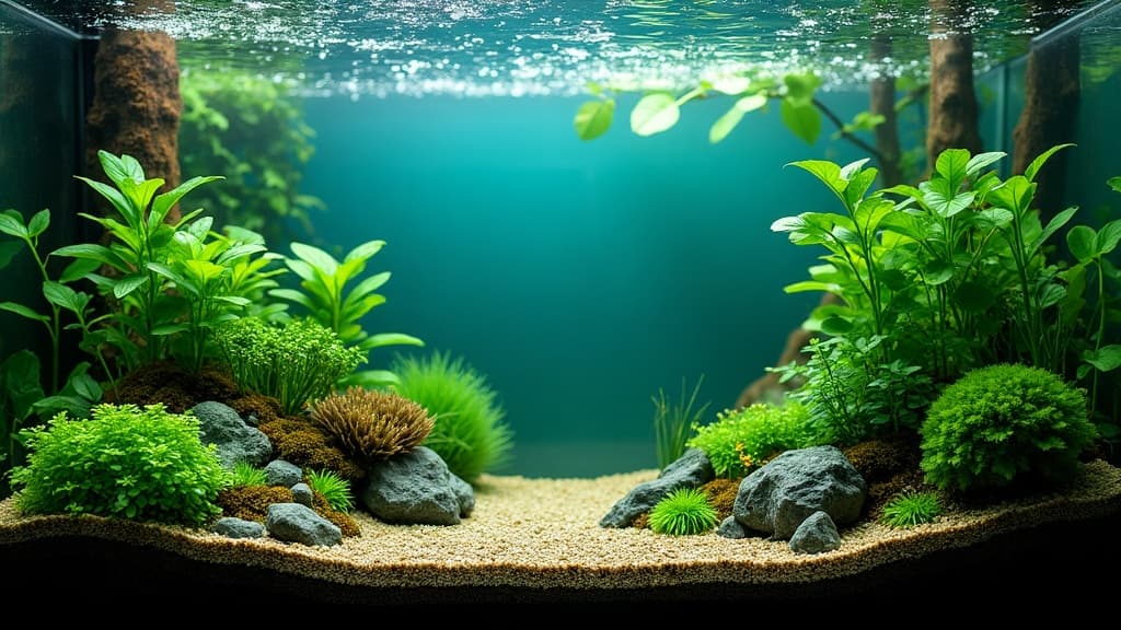 A beautifully aquascaped planted aquarium with deep teal water